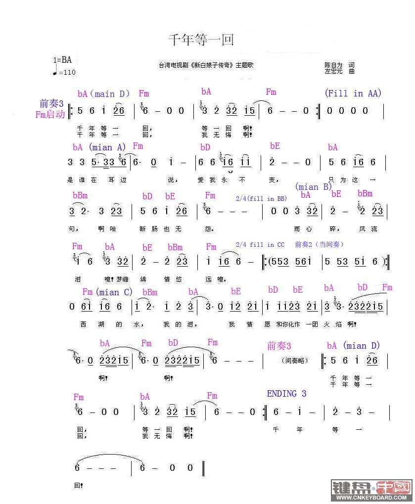 千年等一回箫曲曲谱分享_千年等一回箫曲曲谱